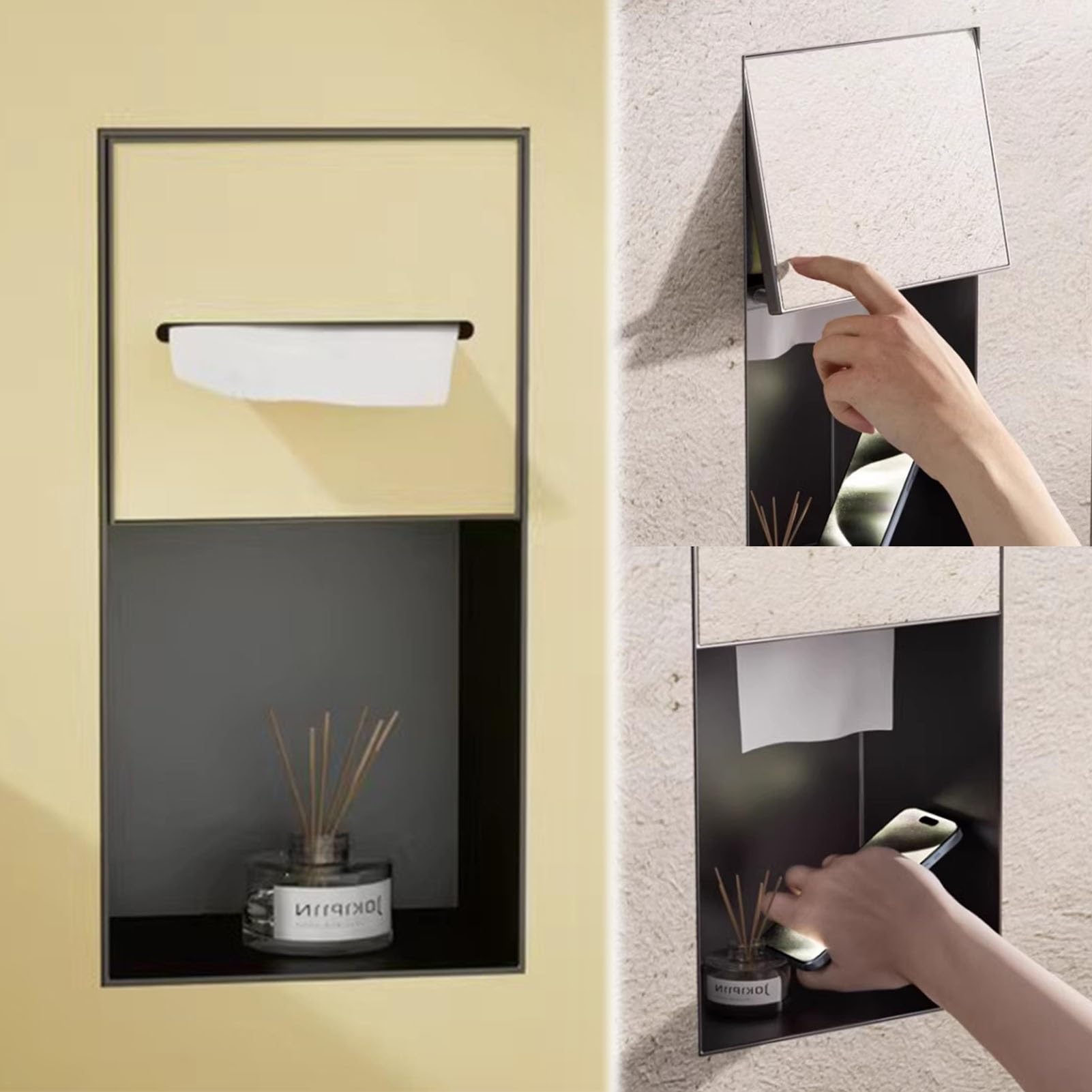 Vibeo Portarrollos Empotrable Portarrollos de Papel Higiénico Empotrado con Estante, Nicho de Baño Oculto Alicatable, Nicho de Papel Higiénico Empotrado con Apertura por Presión