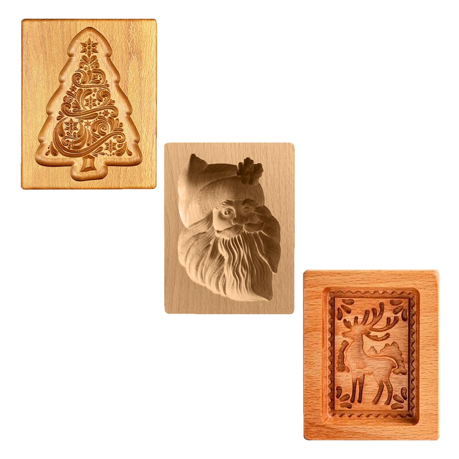 Wooden Cookie Biscuit Mold, 3D Baking Mold, Embossing Craft Decorating Baking Tool, Suitable for Halloween Thanksgiving Christmas Kitchen DIY (Xmas-B-3PCS)