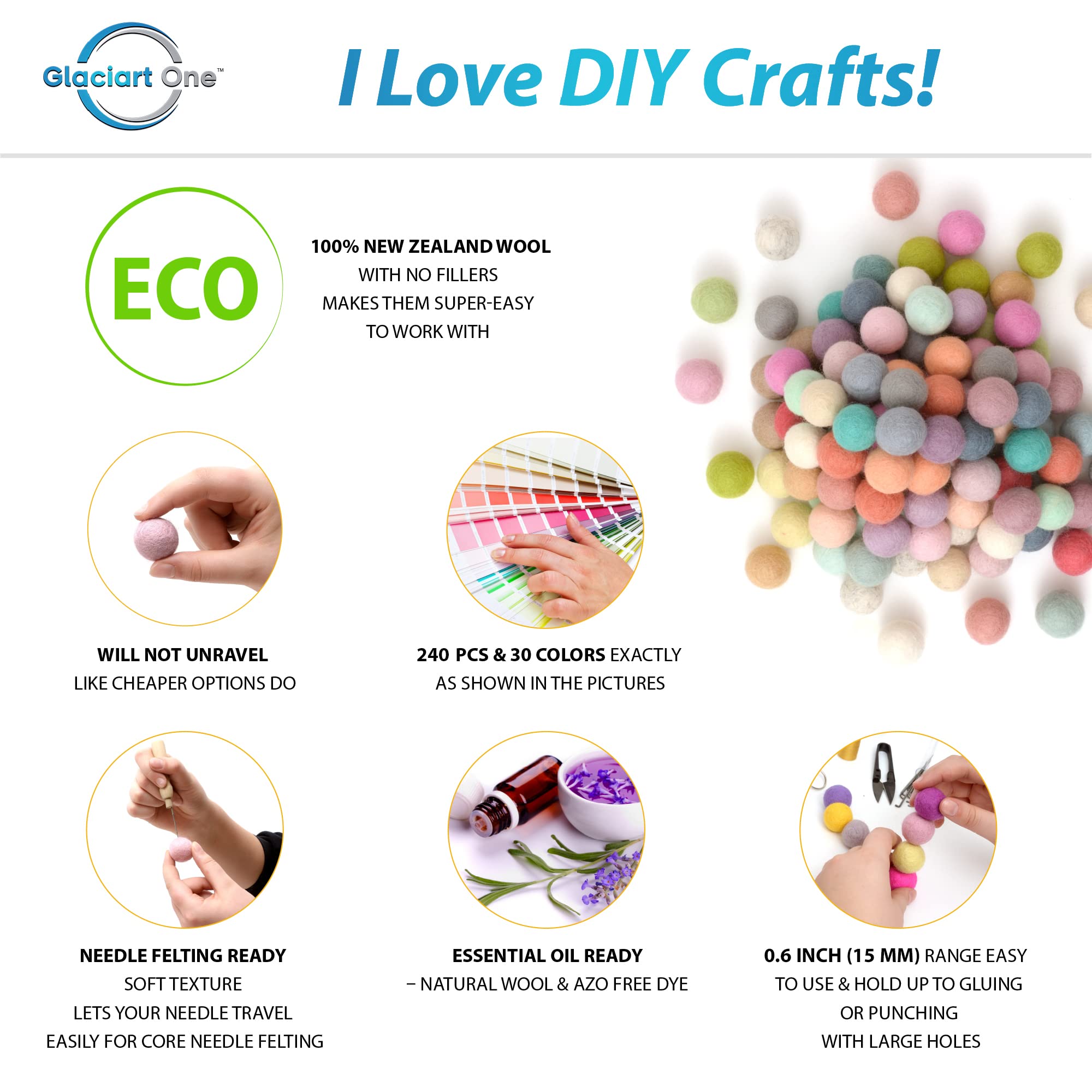 Glaciart One Lot de 240 pompons en feutre, boules en feutre de laine de 1,5 cm à 1,5 cm, faites à la main, 30 couleurs pastel (vert, rose, bleu, jaune et plus), petite houppette pour feutrage et