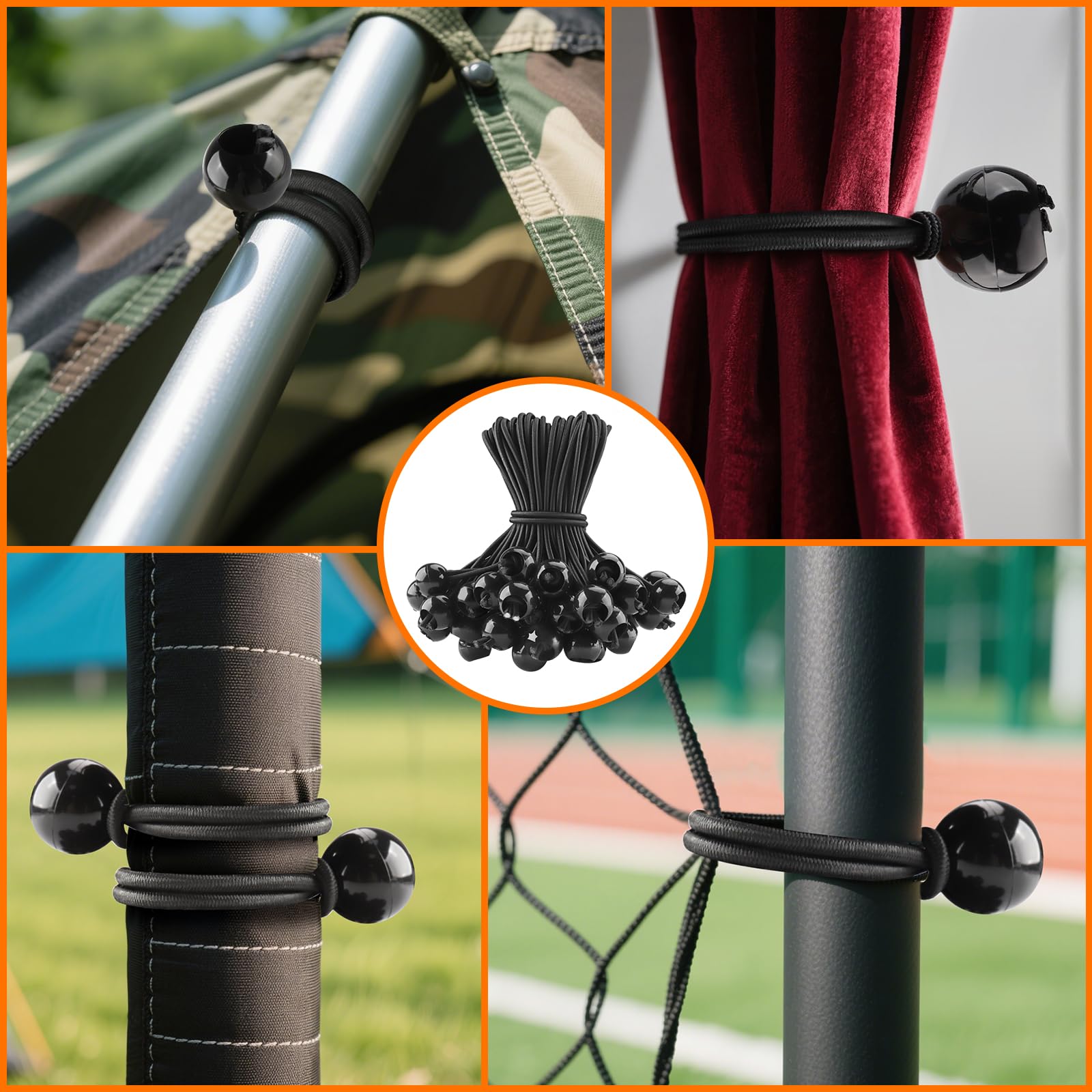 50 Pezzi Corde Elastiche con Sfere, Corda Elastica per Teloni Elastici 15 cm Occhielli per Teloni Tende Baldacchino Striscioni Bandiere Campeggio (nero)