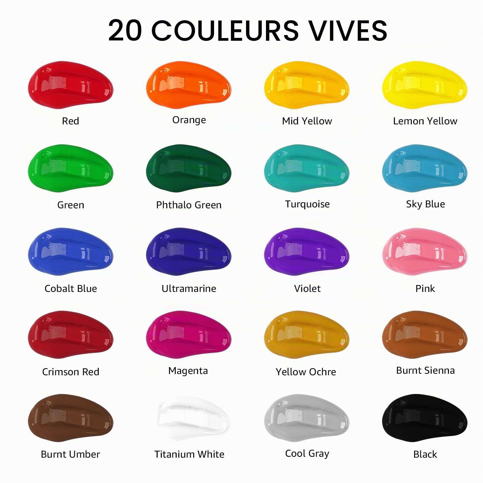 ABEIER Lot de 20 peintures acryliques (250 ml), finition mate, pigments riches, peinture acrylique non toxique pour peinture sur toile, artisanat, bois, céramique, idéal pour les débutants et les