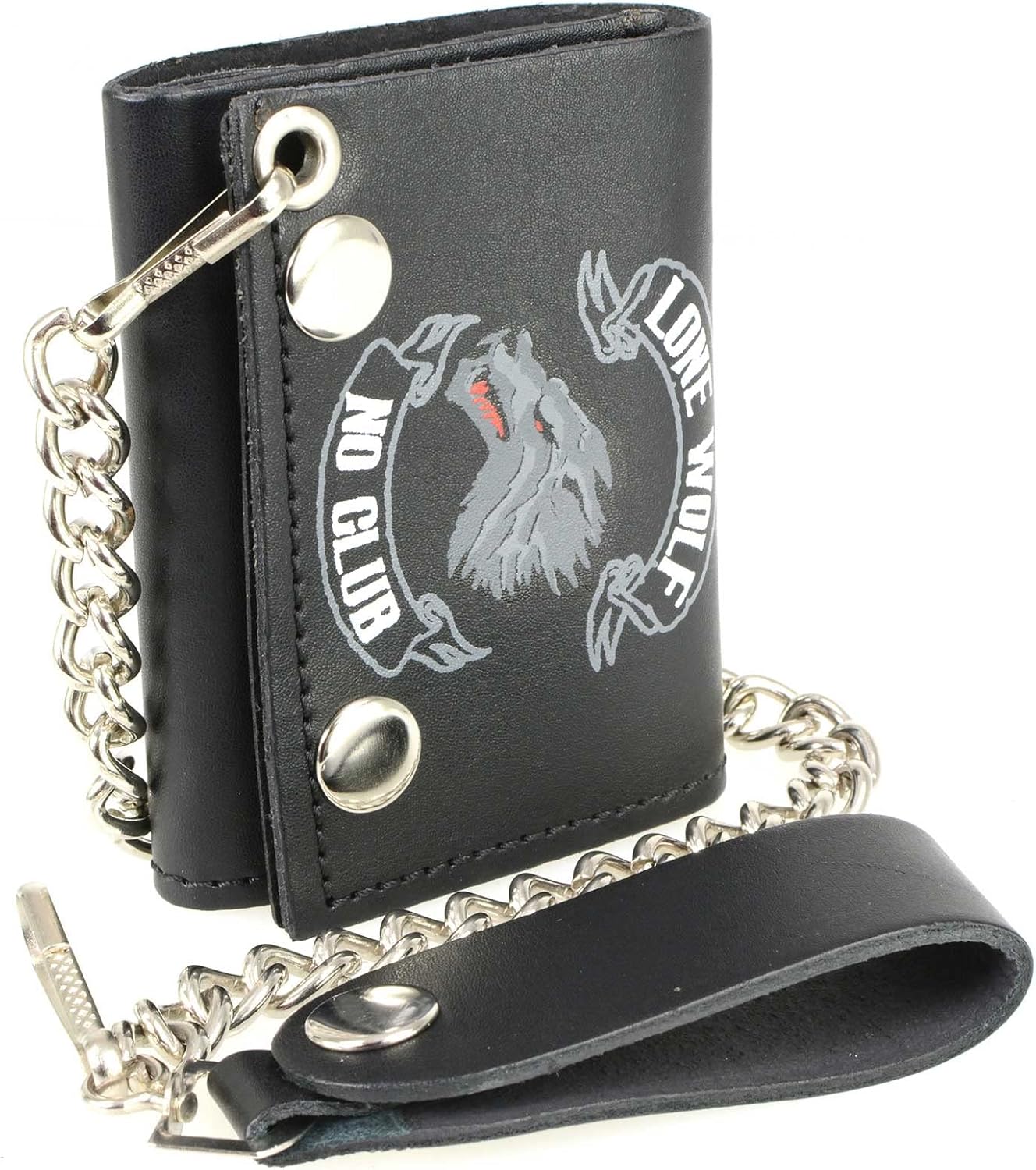 Milwaukee Leather MLW7833 Men's 4” Leather “Lone Wolf No Club” Tri-Fold Wallet w/Anti-Theft Stainless Steel Chain - One Size
