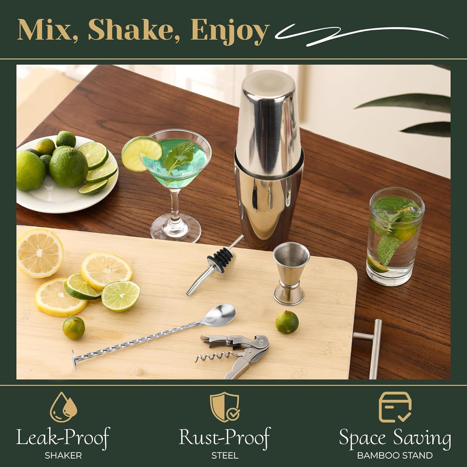 Set per shaker da cocktail, set regalo per cocktail, shaker Boston premium, set regalo 16 pezzi con pestello, apribottiglie, accessori da bar per shaker da cocktail per uomo e donna