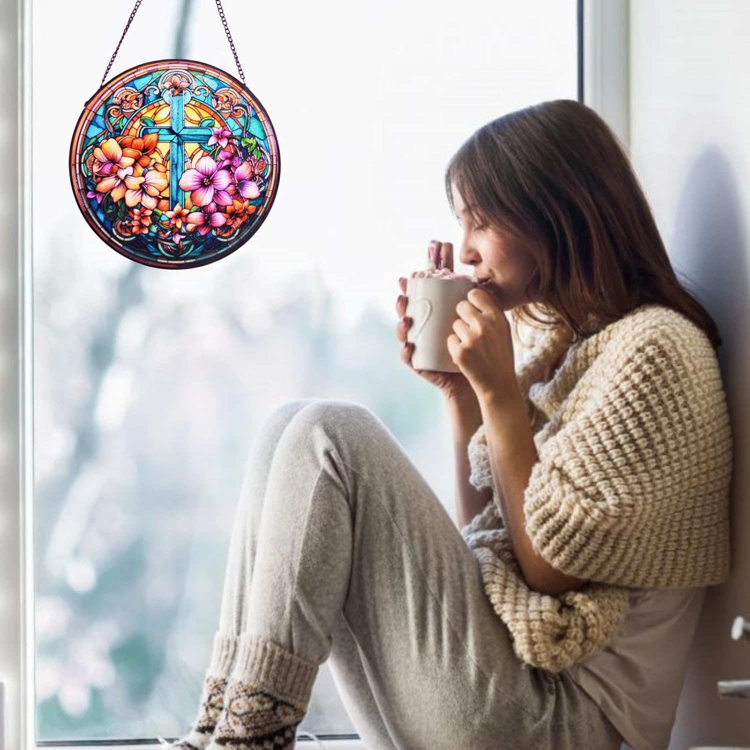 Flowers Cross Stained Glass Window Hanging, 8''/20CM Suncatchers for Windows Flowers Cross Decorative Hanging Ornaments Stained Glass for Chirstmas Suncatcher Window Panel Gift for Home Decor (C) - Image 6