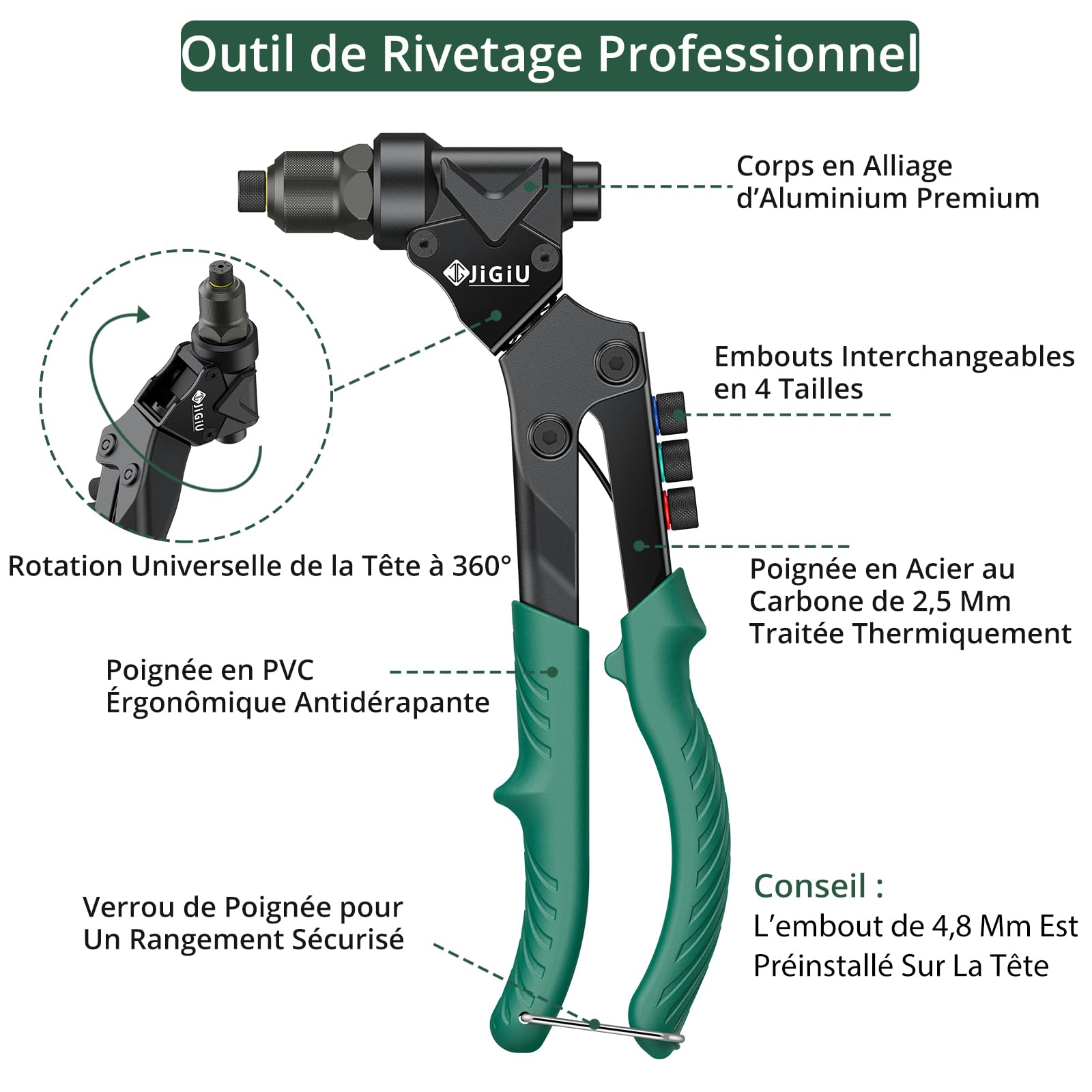 JiGiU Pince à Insert Fileté 3 en 1 avec Tête Pivotante à 360° | Pistolet à Écrou Professionnelles, avec 4 Tête de Rivet Mandrins Métriques et 2 Mandrins d'Alésage, 40 Rivets et 40 Écrous