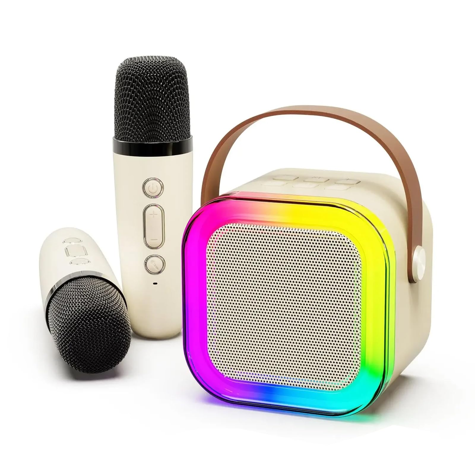 Mini urządzenie do karaoke, przenośny głośnik do karaoke Bluetooth z nastrojowym oświetleniem RGB i 2 mikrofonami, obsługuje 4 zmiany efektów dźwiękowych (White)