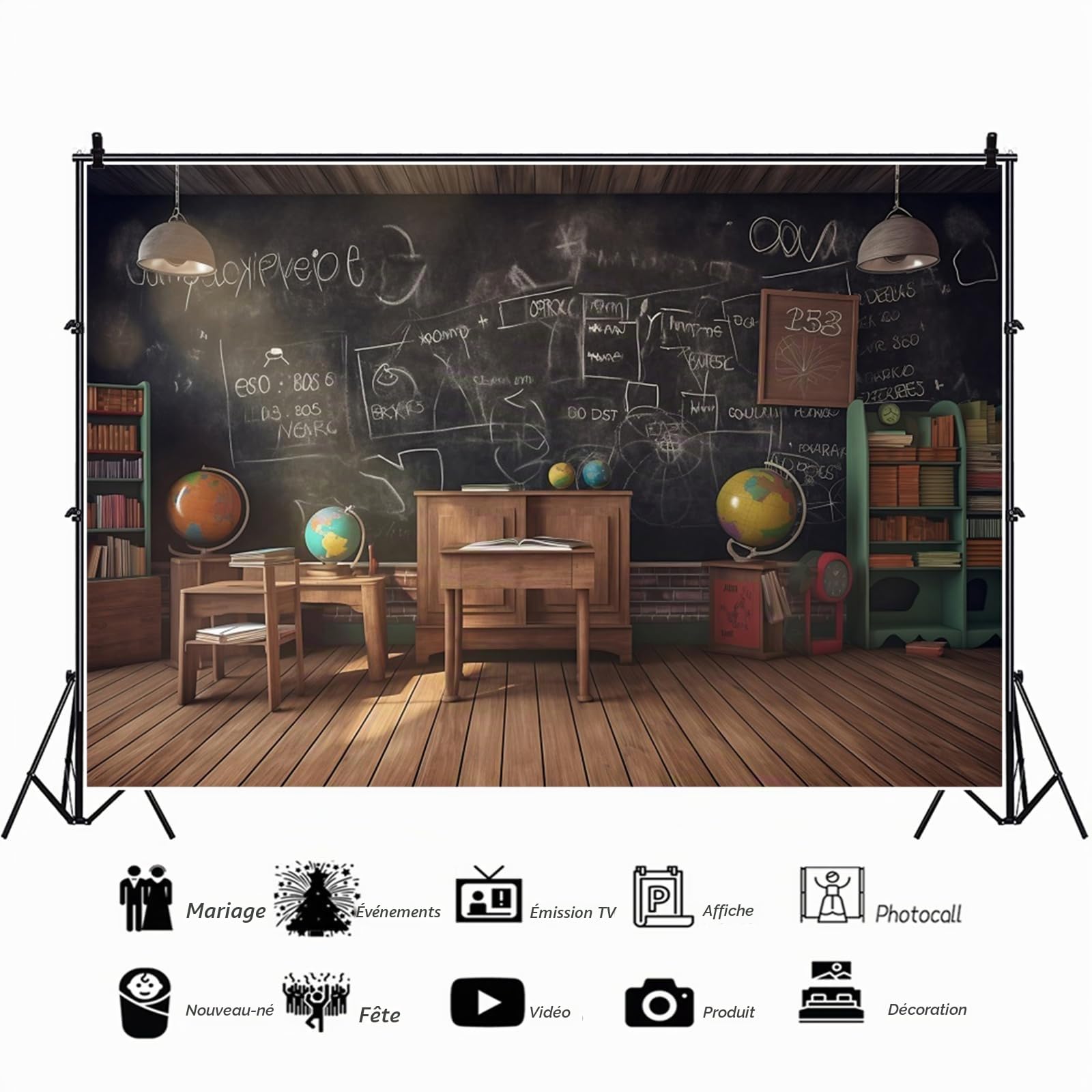 YongFoto 3x2,5m Photo Mur Inscription Scolaire Salle de Classe Bureau Globe Bibliothèque Tableau Noir Fond Photo pour Les étudiants Journée de rentrée Éducation en Ligne Photographie Toile de Fond