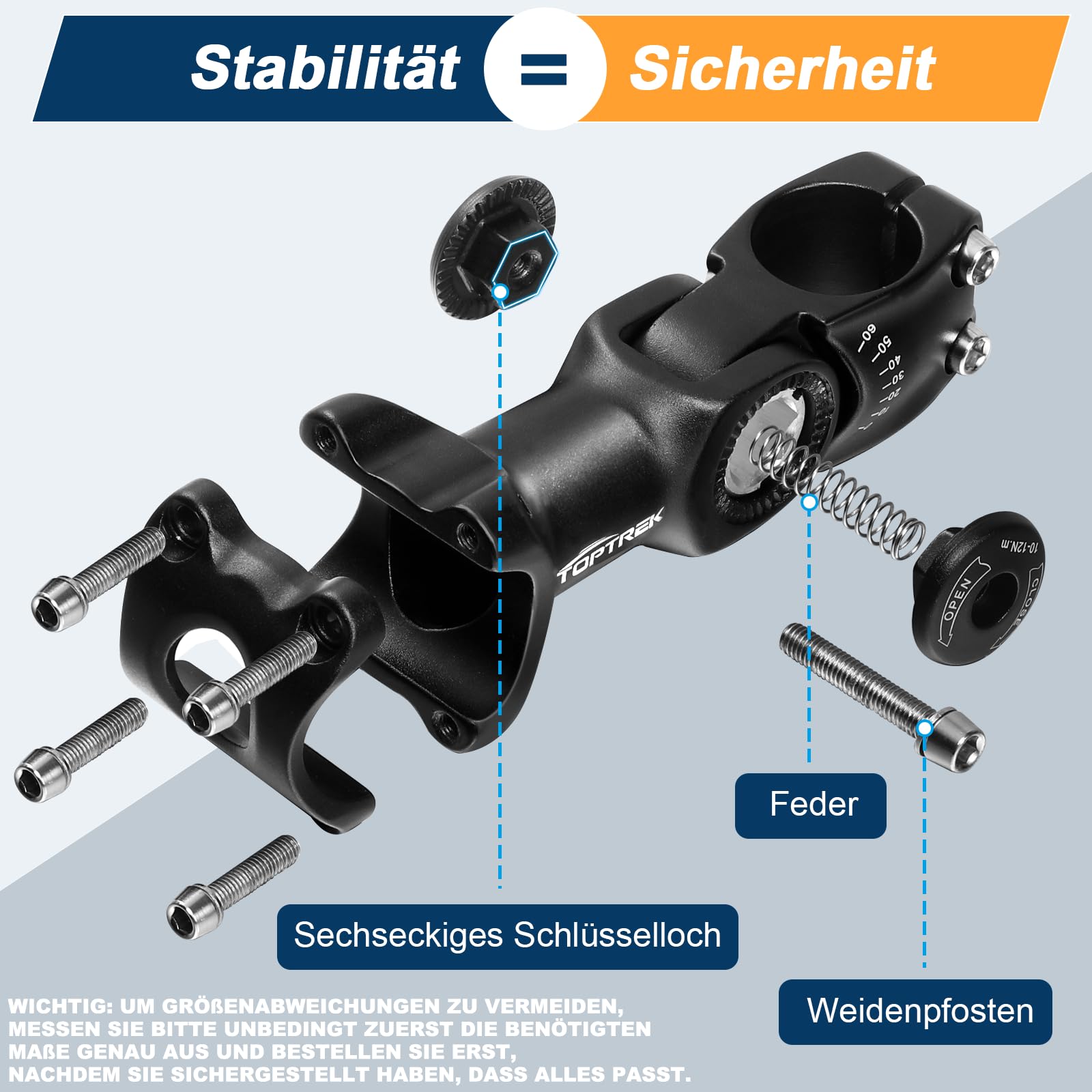 toptrek Manubrio per bicicletta, 31,8 mm, 90 mm, alluminio, regolabile a ± 60°, rialzo manubrio, design esagonale, per MTB, bici da strada, nero