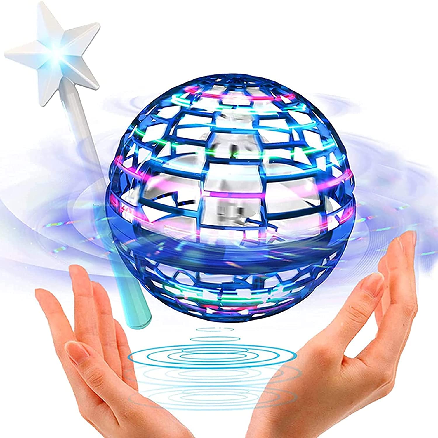 Flying Ball Toys,Globe Shape Magic Controller Mini Drone Toy, Built-in RGB Lights Spinner 360° Rotating Spinning UFO Safe for Kids (Magic wand + Blue Ball)