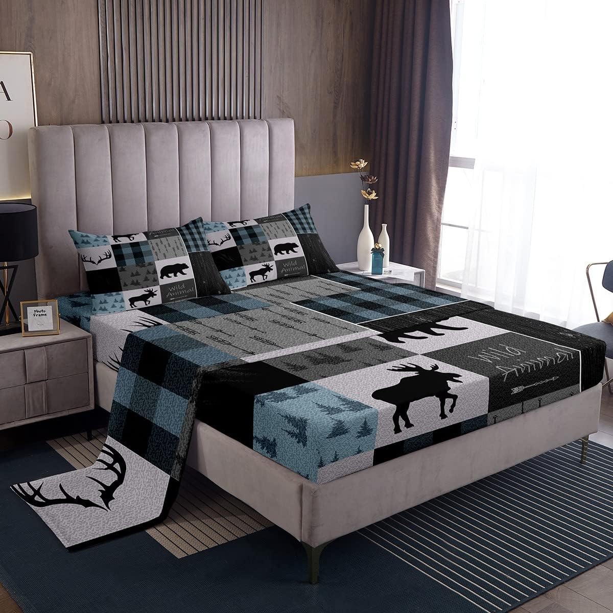 Camping and Hunting Themed Bedding Sheet, for Girls Boys Children Wildlife Decor Bedding Set Camper Themed Bed Sheets Room Decor Deer Elk Bear Print Bed Sheet Set Full Size 4Pcs Multi 28 Ful