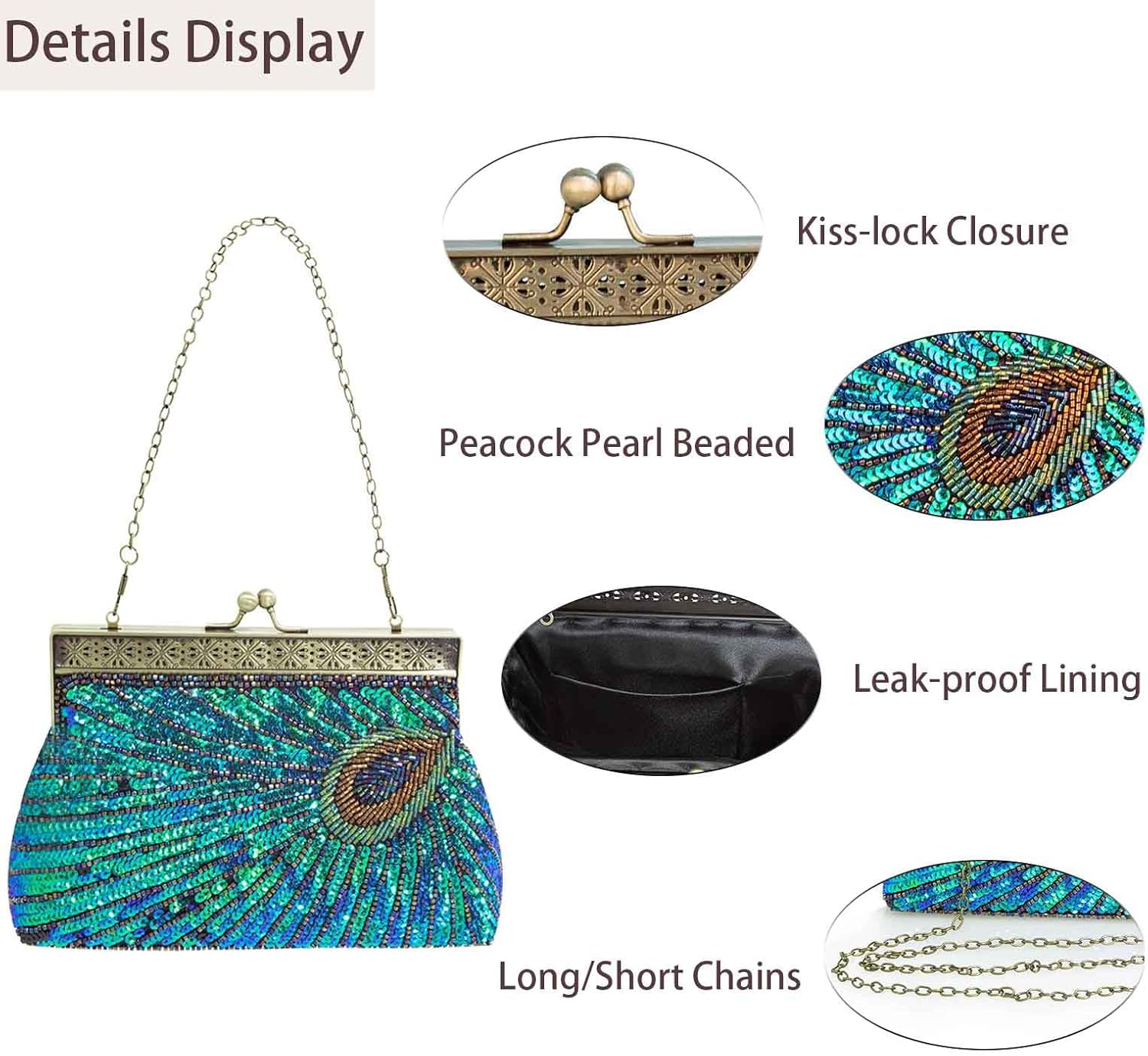 Womens Sequin Beaded Evening Bag Vintage Peacock Clutch Bags Wedding Party Handbag Clutch Purse for Women - Image 3