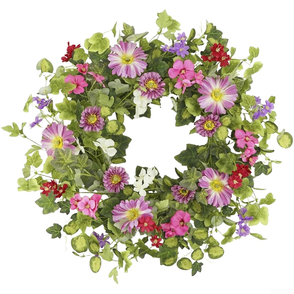 Decorazione da giardino a margherita, ghirlanda di eucalipto da 35 cm, foglie di eucalipto artificiali e viti, ornamento da appendere alla porta