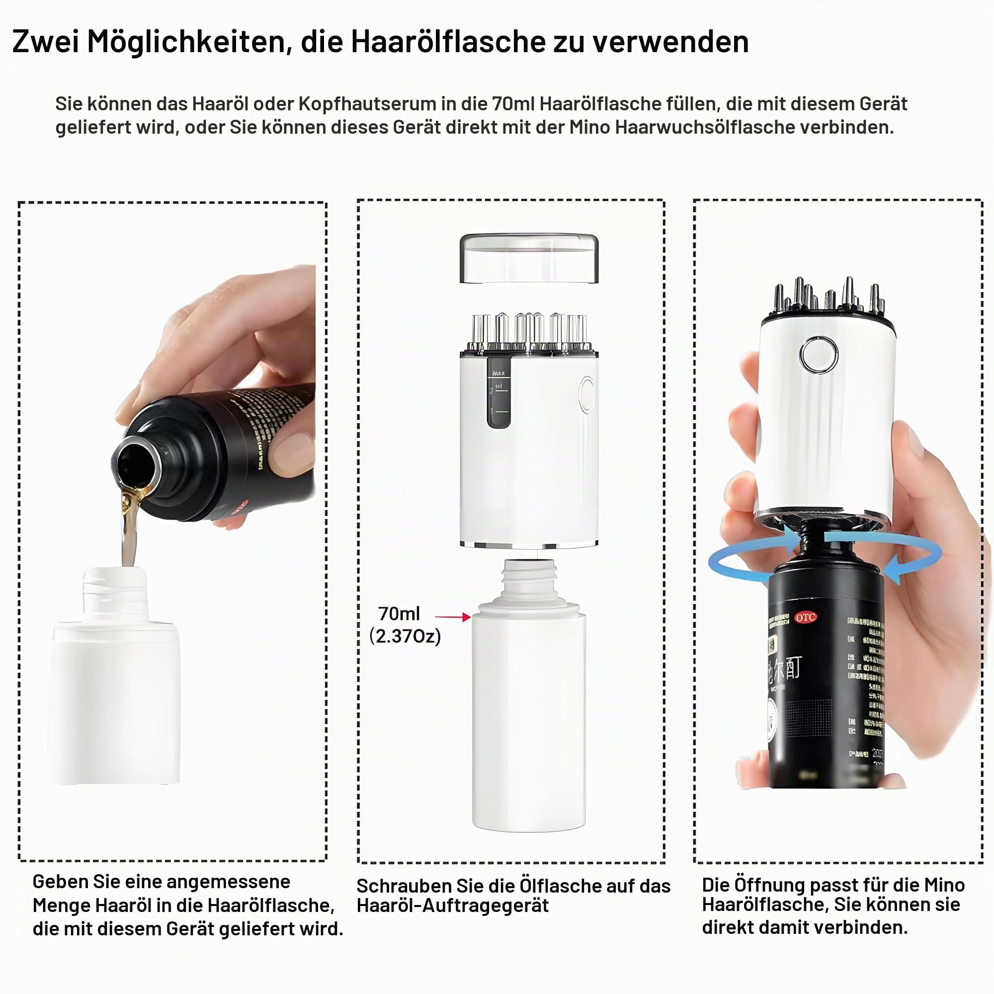 2-in-1-Kopfhautmassagegerät & Haaröl-Applikator – 3 Vibrationsmodi, 70-ml-Flasche & 2-ml-Präzisionsspender, USB-C wiederaufladbar, Rotlichttherapie – Geschenk für Frauen & Männer