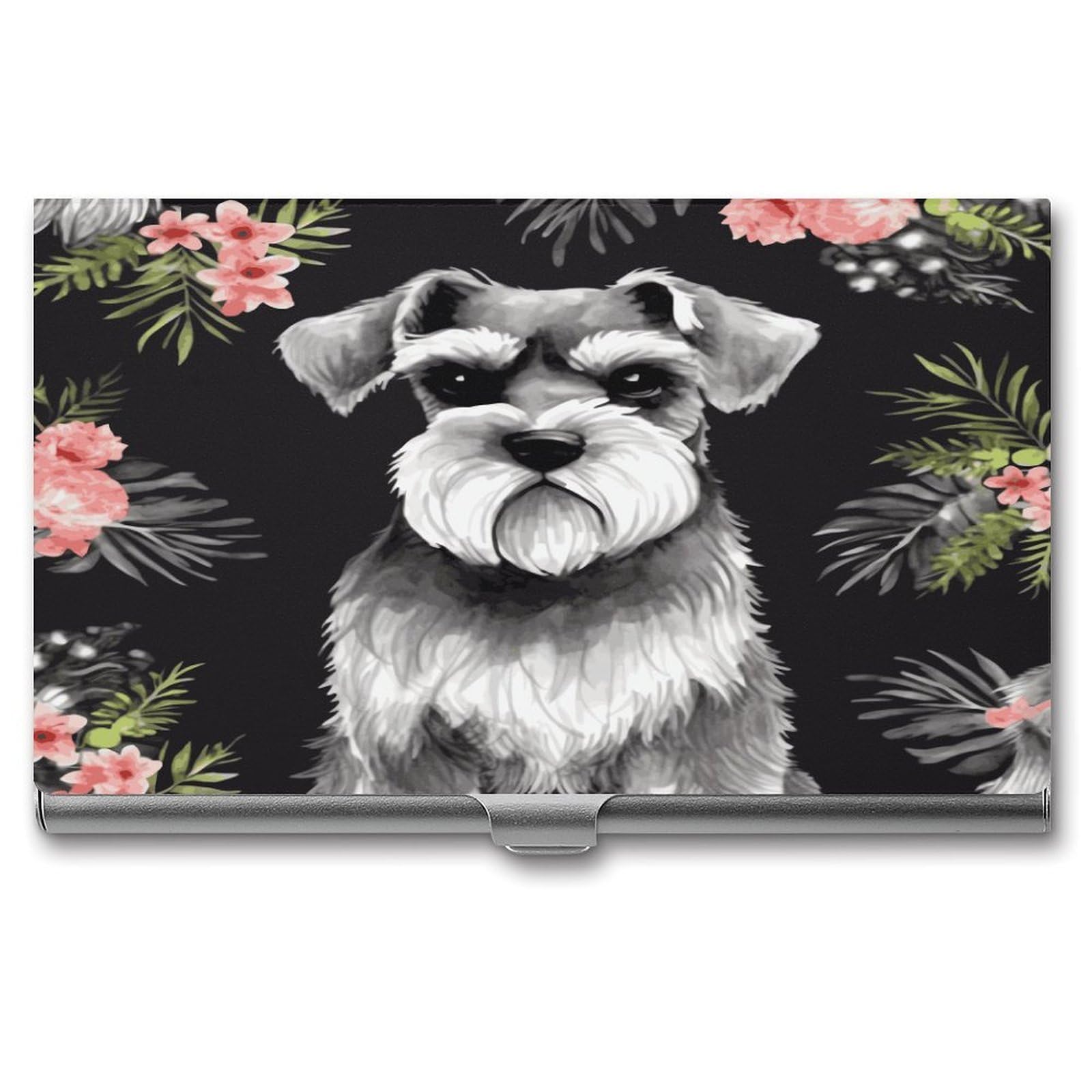 LDGSUPH Schnauzer Business Card Holder Fashion Slim Name Card Holder Minimalist Design Case Metal Card Carrier Personalized Business Card Case with Flip for Men Women
