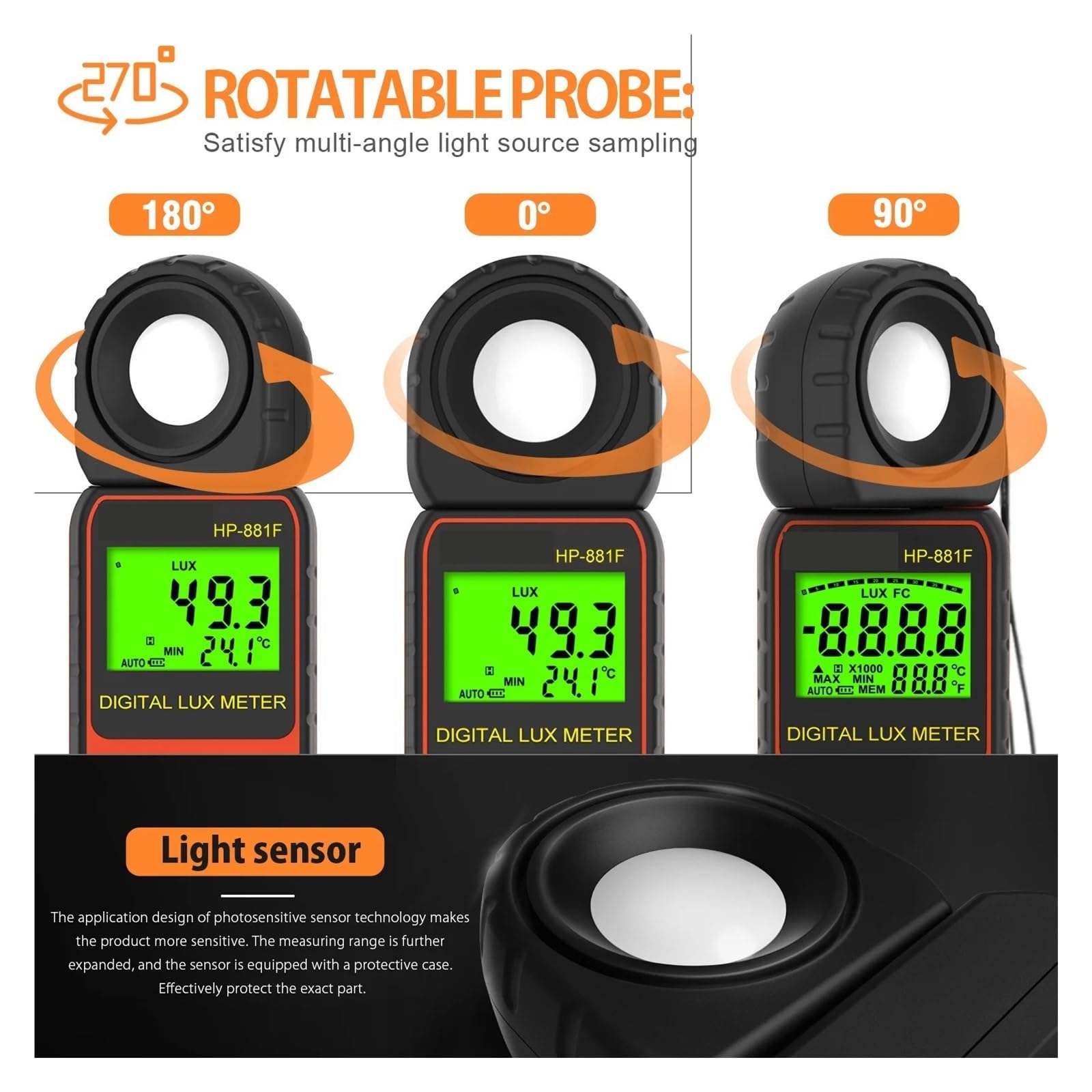 Spektralphotometer, Digitales Beleuchtungsstärkemessgerät, Hohe Genauigkeit, Schnelle Reaktionsgeschwindigkeit, LCD-Monitor, 1–4000000 Lux, Auflösung: 0,1 Lux/FC