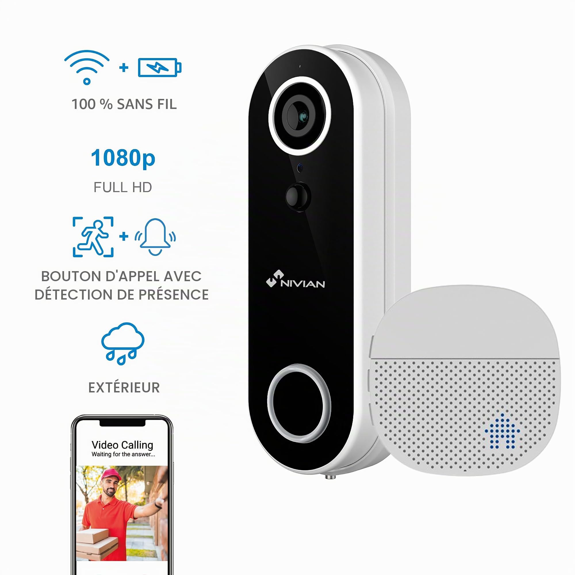 NIVIAN - Sonnette Vidéo Intelligente WiFi avec Caméra Full HD, Audio Bidirectionnel, Détection de Mouvement, Vision Nocturne, Batterie Rechargeable, Compatible avec l’App Tuya, Alexa et Google