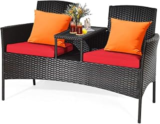 DORTALA Outdoor Patio Loveseat, Wicker Patio Conversation Set with Removable Cushions and Coffee Table, Plastic Table Top, Modern Rattan Loveseat Sofa Set for Garden Lawn Backyard, Brown+Red