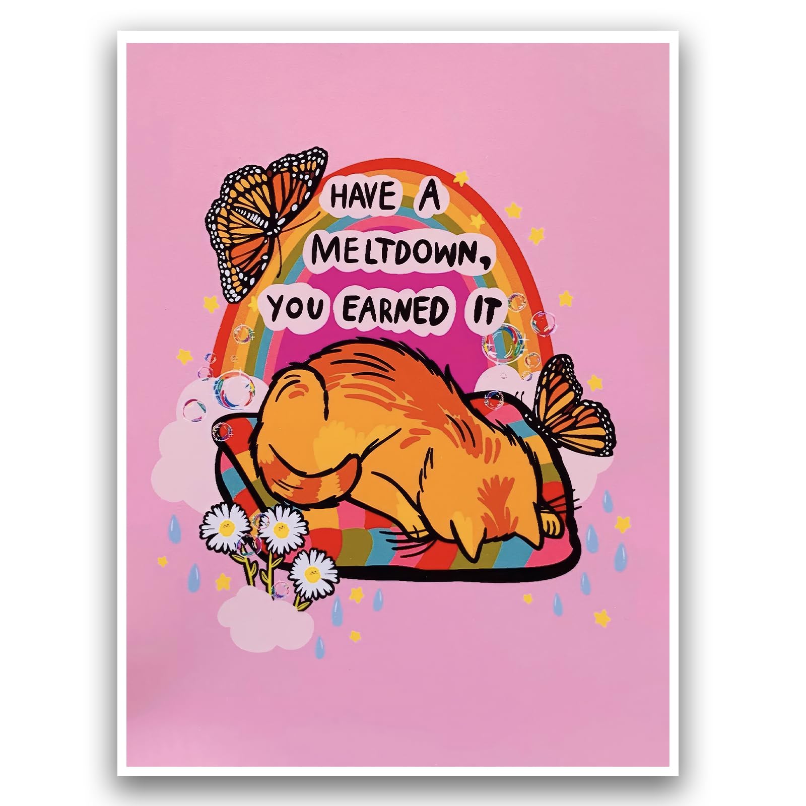 Cute Animal Wall Art Cat Print Wall Decor Whimsical Cat Nap Art Print Tangerine Tabby on Prismatic Rainbow Quilt with Butterflies & Cotton Candy Sky