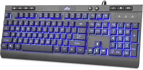 Rii RK900Pro Teclado retroiluminado de impresión grande, teclado USB de computadora de tamaño completo con cable con retroiluminación azul,