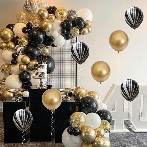 Miniatura 4 de Globos negros y dorados, 60 paquetes de globos de mármol de ágata negra y blanca de 12 pulgadas con globos de confeti dorado metálico para hombres y