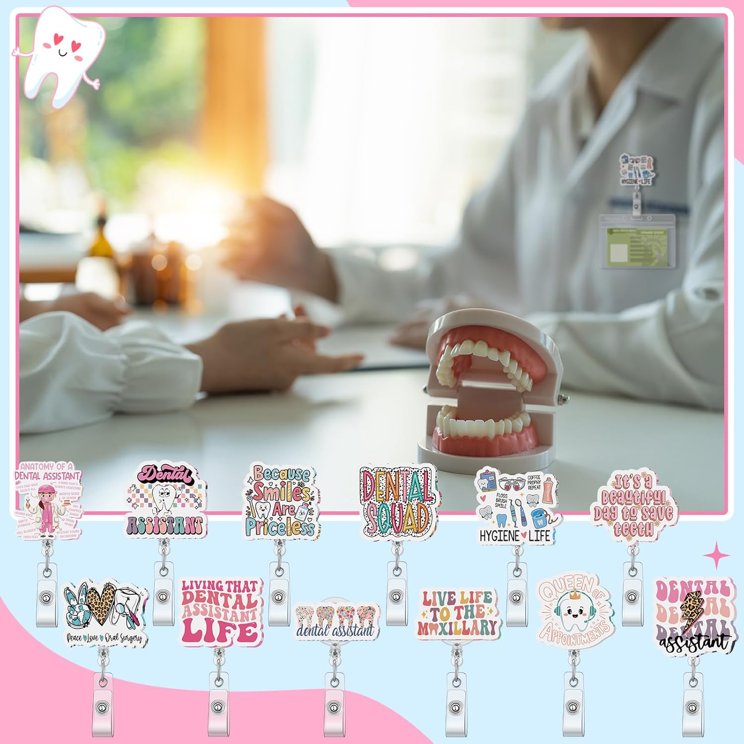 Geyoga 30 Pcs Dental Assistant Gifts Dental Badge Holder Gifts Bulk Retractable Badge Reels Cards Holder with Clip for Coworkers Office Hygiene Hygienist School Student Friend Appreciation