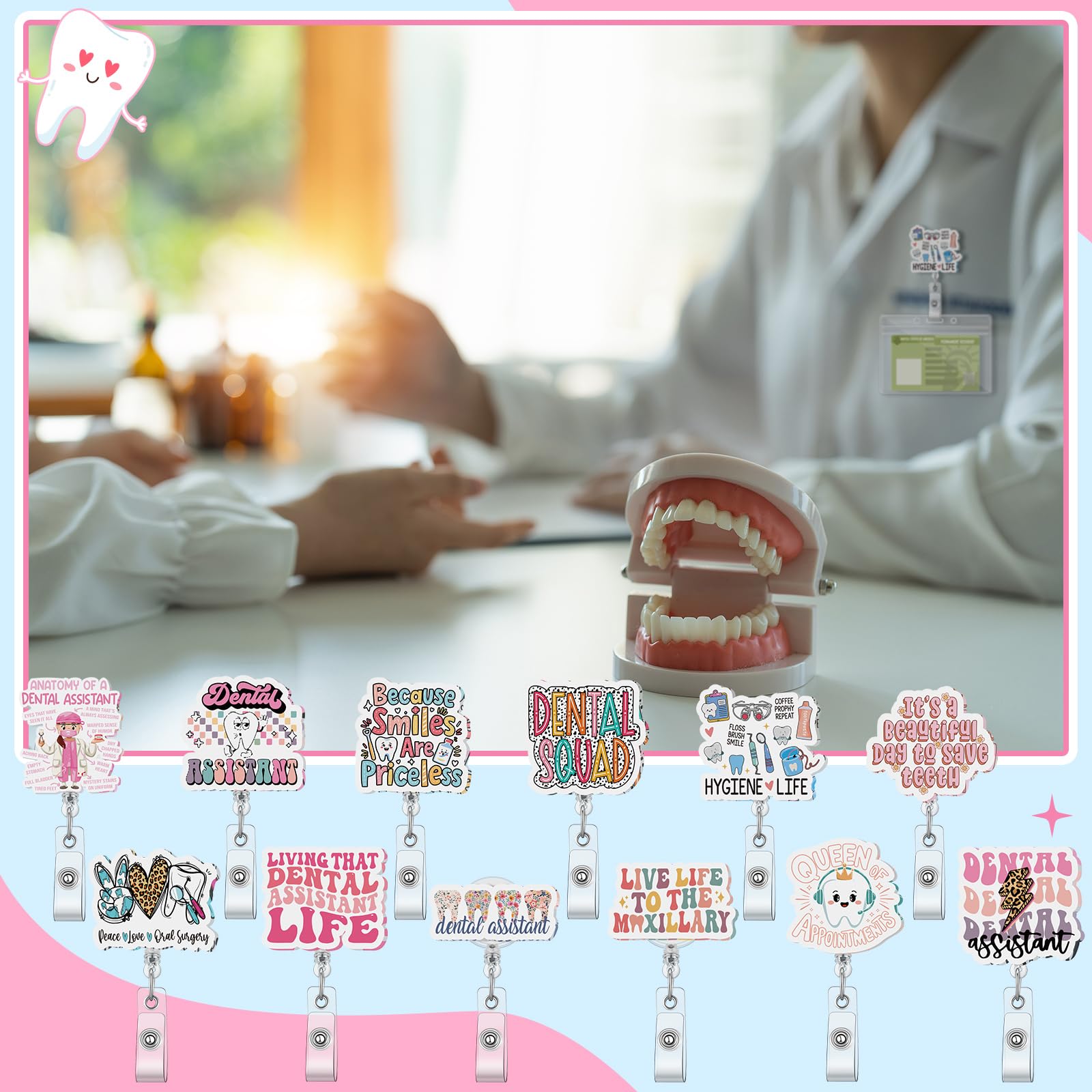 Geyoga 30 Pcs Dental Assistant Gifts Dental Badge Holder Gifts Bulk Retractable Badge Reels Cards Holder with Clip for Coworkers Office Hygiene Hygienist School Student Friend Appreciation