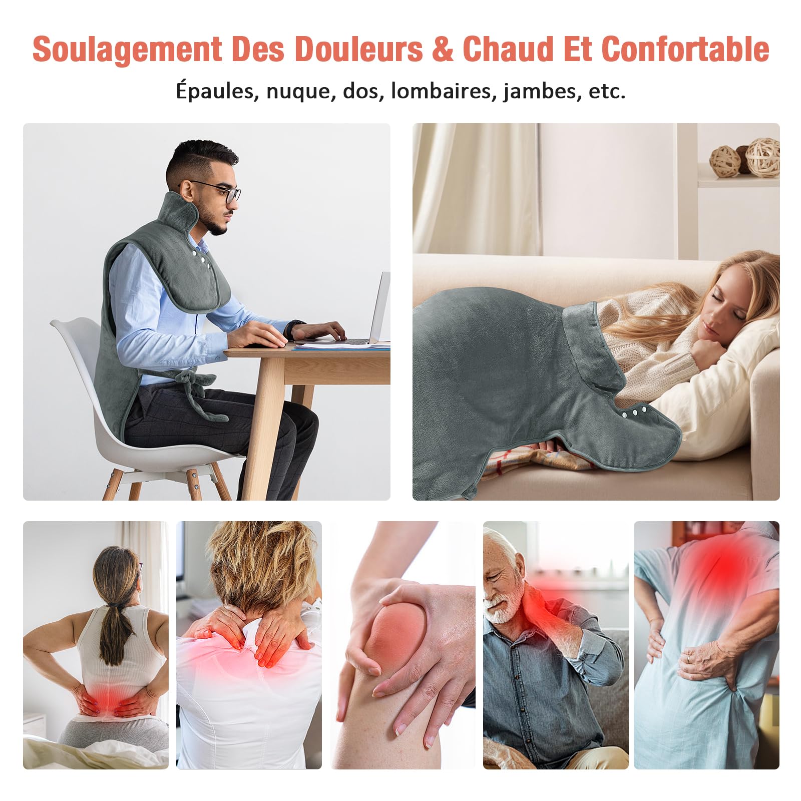 MYCARBON Coussin Chauffant Électrique pour Dos Épaules Nuque Coussin Chauffant Cervicales 60x100cm Arrêt Automatique 6 Températures 4 Timer avec Contrôleur Chauffage Rapide Lavable en Machine, Gris