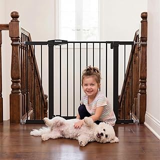 Mumeasy Baby Gate for Stairs, 29.7-46" Walk Through Dog Gate Indoor | Y-Spindle for Round Banisters, Auto-Close Stair Gate, Double Lock System, Pressure Mounted Pet Gate, Child Gate for Doorways