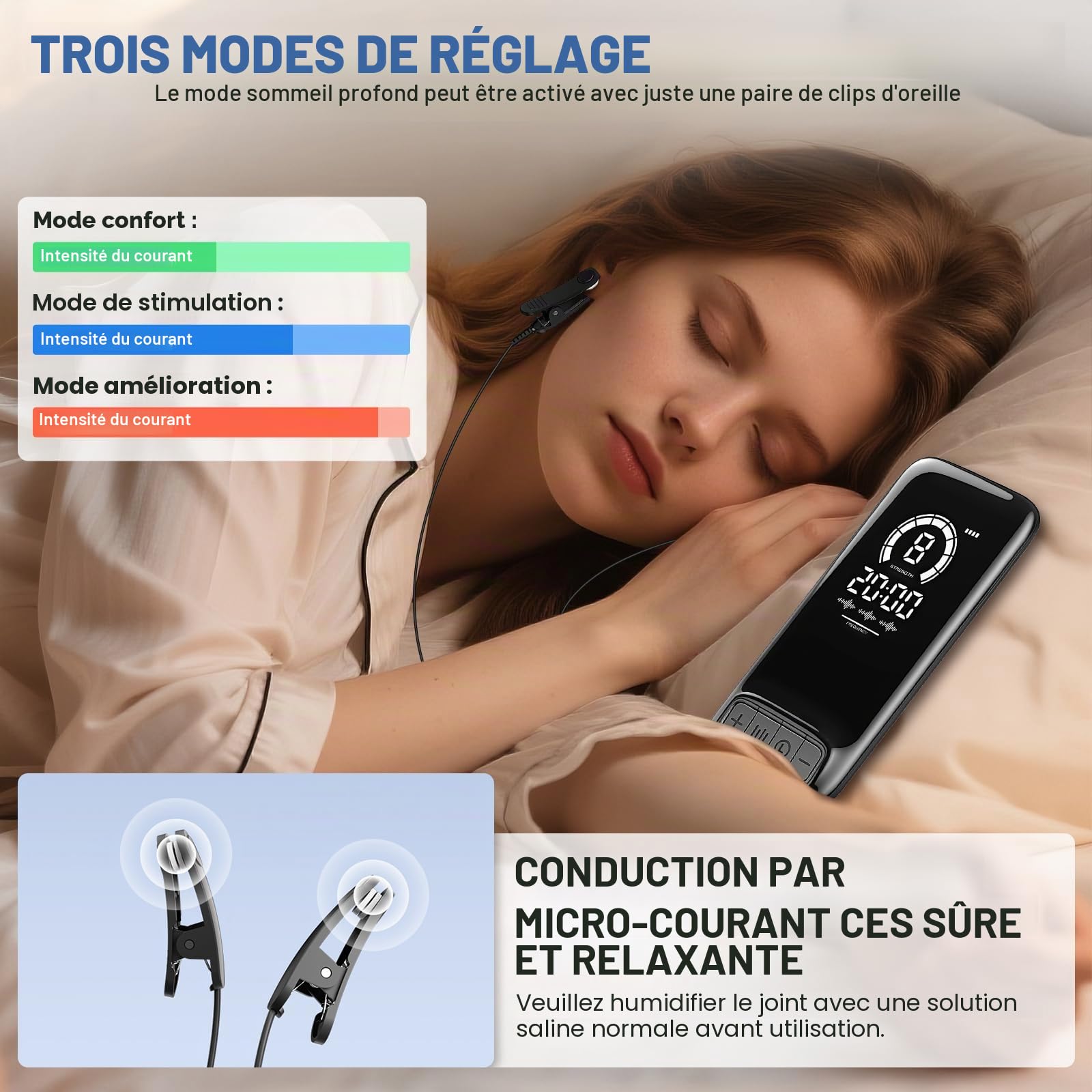 Stimulateur de nerf vague auriculaire, Dispositif d'aide au sommeil avec clip d'oreille, 3 modes et réglage à 9 niveaux, outil de soulagement apaisant, améliore le sommeil profond