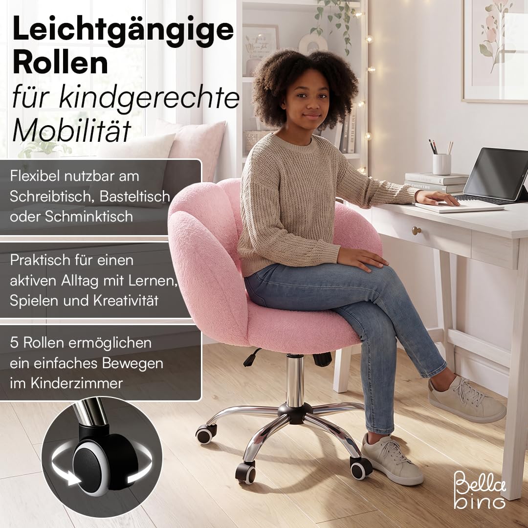Bellabino Meli Kinderschreibtischstuhl in Wolkenform rosa – 360° Drehstuhl für Kinder- & Jugendzimmer – ergonomischer Kinderstuhl höhenverstellbar – gepolsterter Kinder Schminktischstuhl mit 5 Rollen
