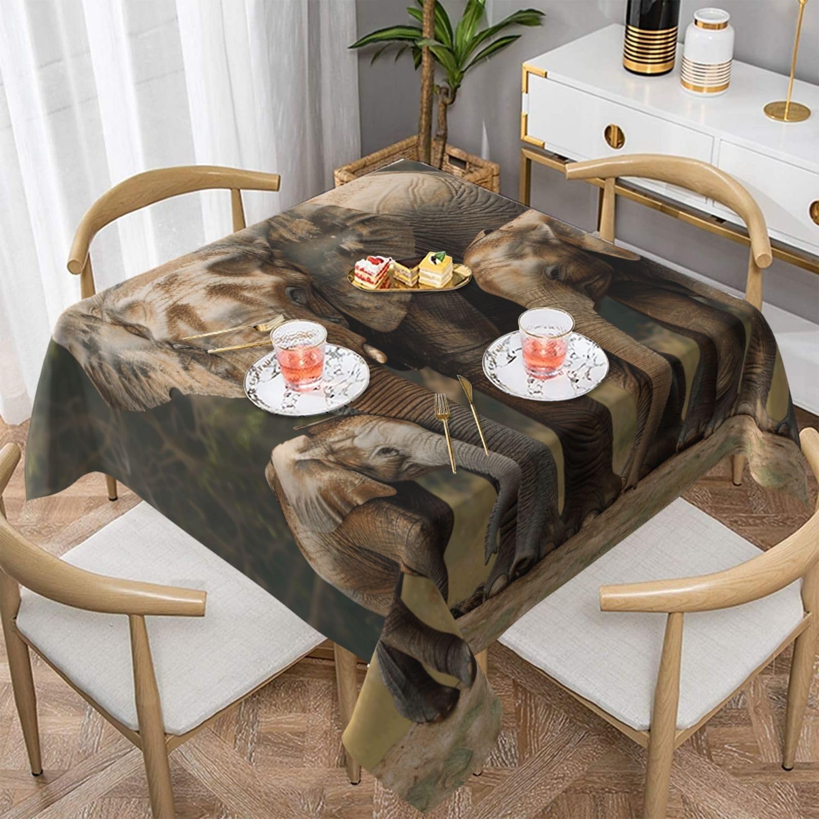 WPKJU Elephant Family Printed Square Tablecloth 54x54 inch Water Resistant Table Cover Washable Rectangle Table Cloth for Dining Tables