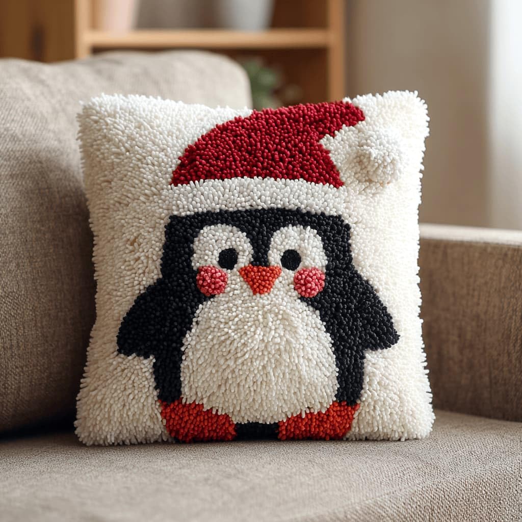 Kitquiver Latch Hook Cushion Kit,Penguin DIY Throw Pillow Cover 43X43Cm