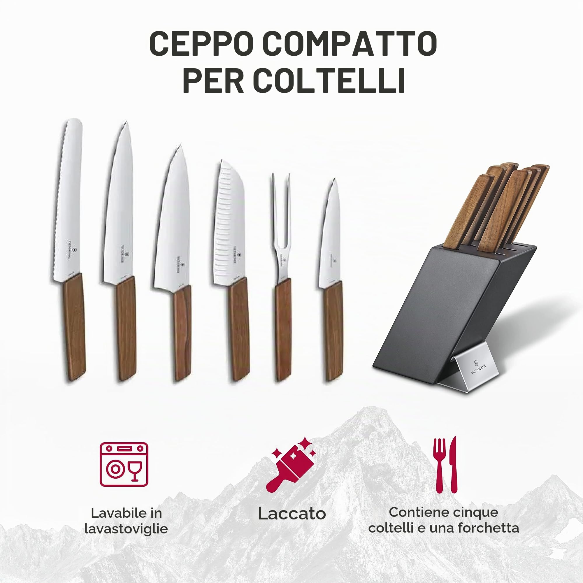 Victorinox Swiss Modern Ceppo di coltelli professionali con contenuto, 6 pezzi, incl. 6 coltelli da chef con manico in legno, nero