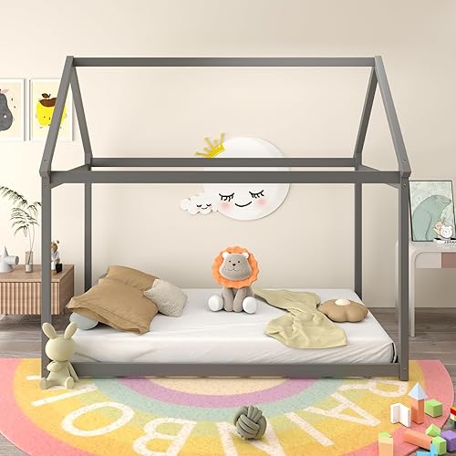 Miniatura 4 de KOMFOTT Marco de cama individual para niños, plataforma de madera maciza para niños con techo y múltiples listones, marco de cama para niños