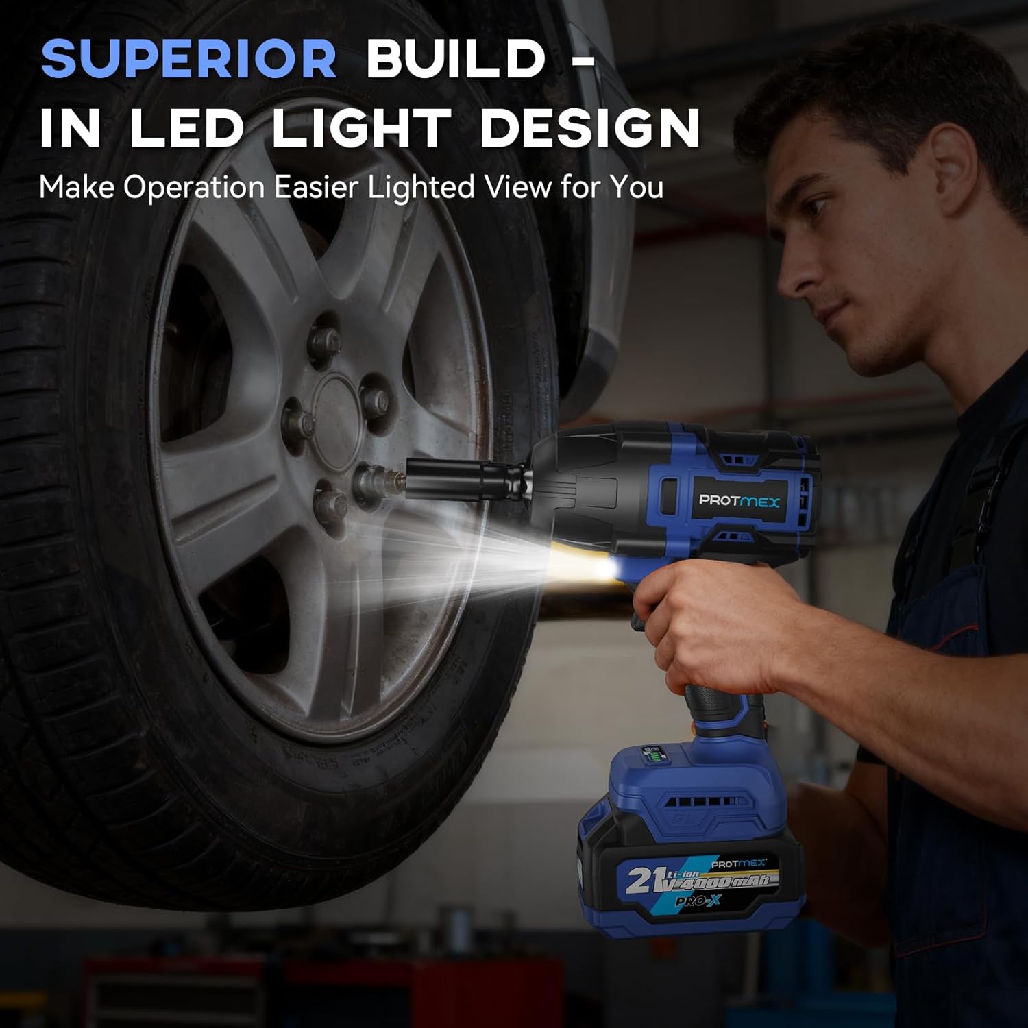 Protmex 900Ft-lbs (1200N.m) Impact Wrench, 1/2" Cordless Impact Gun, 21V High Torque Brushless Impact Driver, 2x4.0Ah Batteries Electric Impact Motor Variable Speeds for Car/Pickup Truck/Mower, Blue