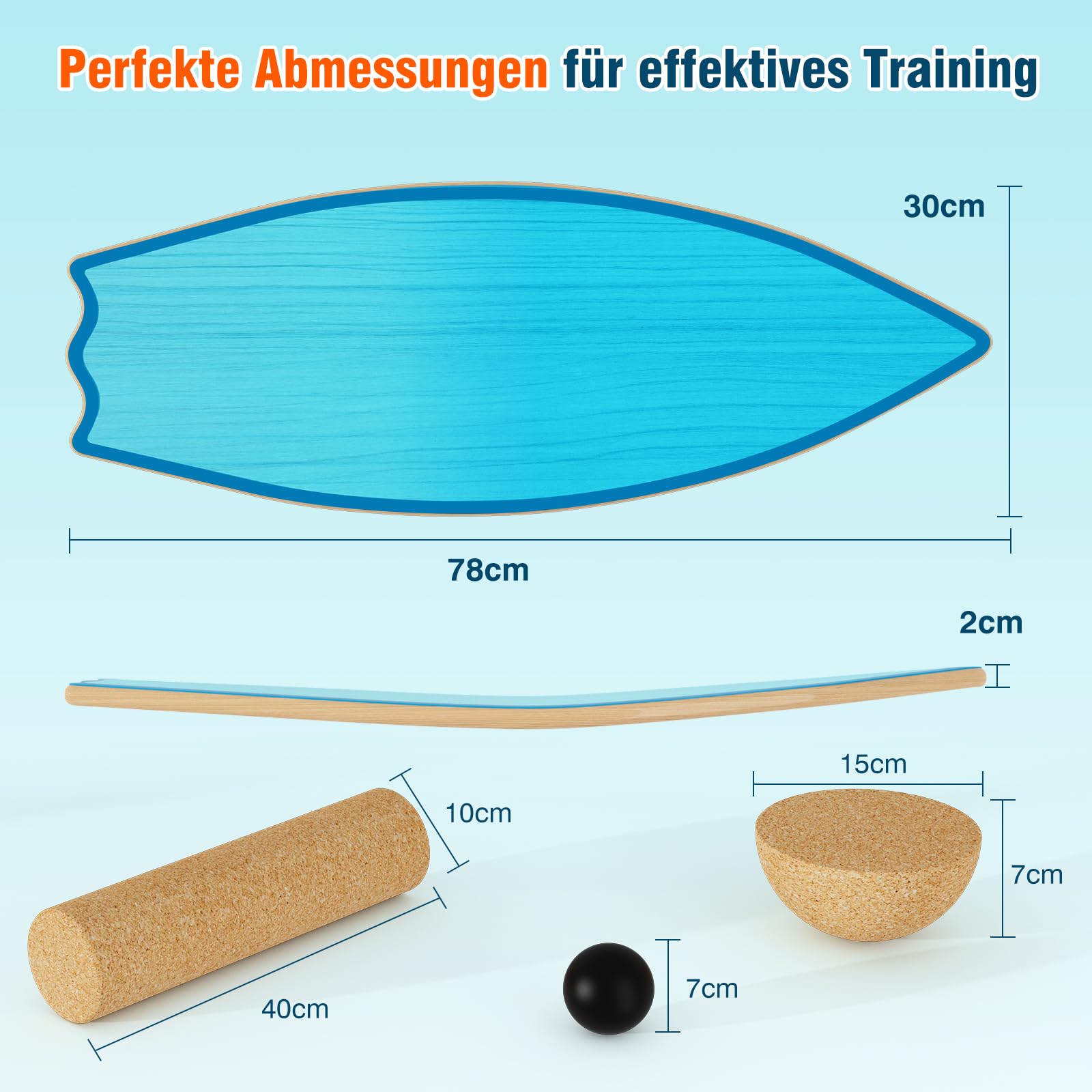 Vicye Balance Board Erwachsene & Surfing Balance Board Set – Holz Balanceboard mit Korkrolle, Halbkugel & Gummiball – Balance Trainer für Surfen, Snowboard, Skateboard – Rutschfeste Oberfläche