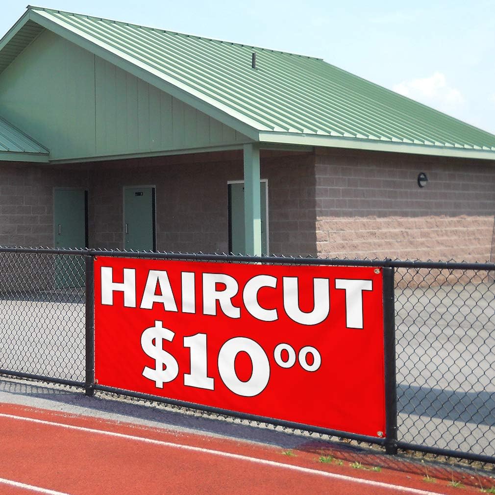 Vinyl Banner Multiple Sizes Haircut $10 Outdoor Advertising Printing Retail Outdoor Weatherproof Industrial Yard Signs Red 4 Grommets 24x36Inches