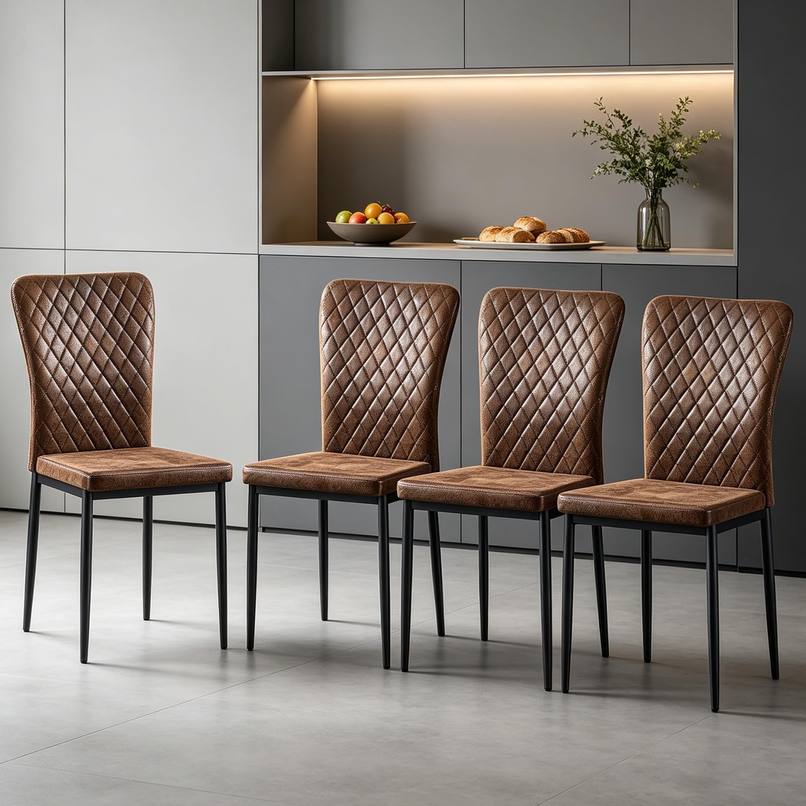 ZOONFA Set of 4 Brown Suede Dining Chairs with Metal Legs Upholstered
