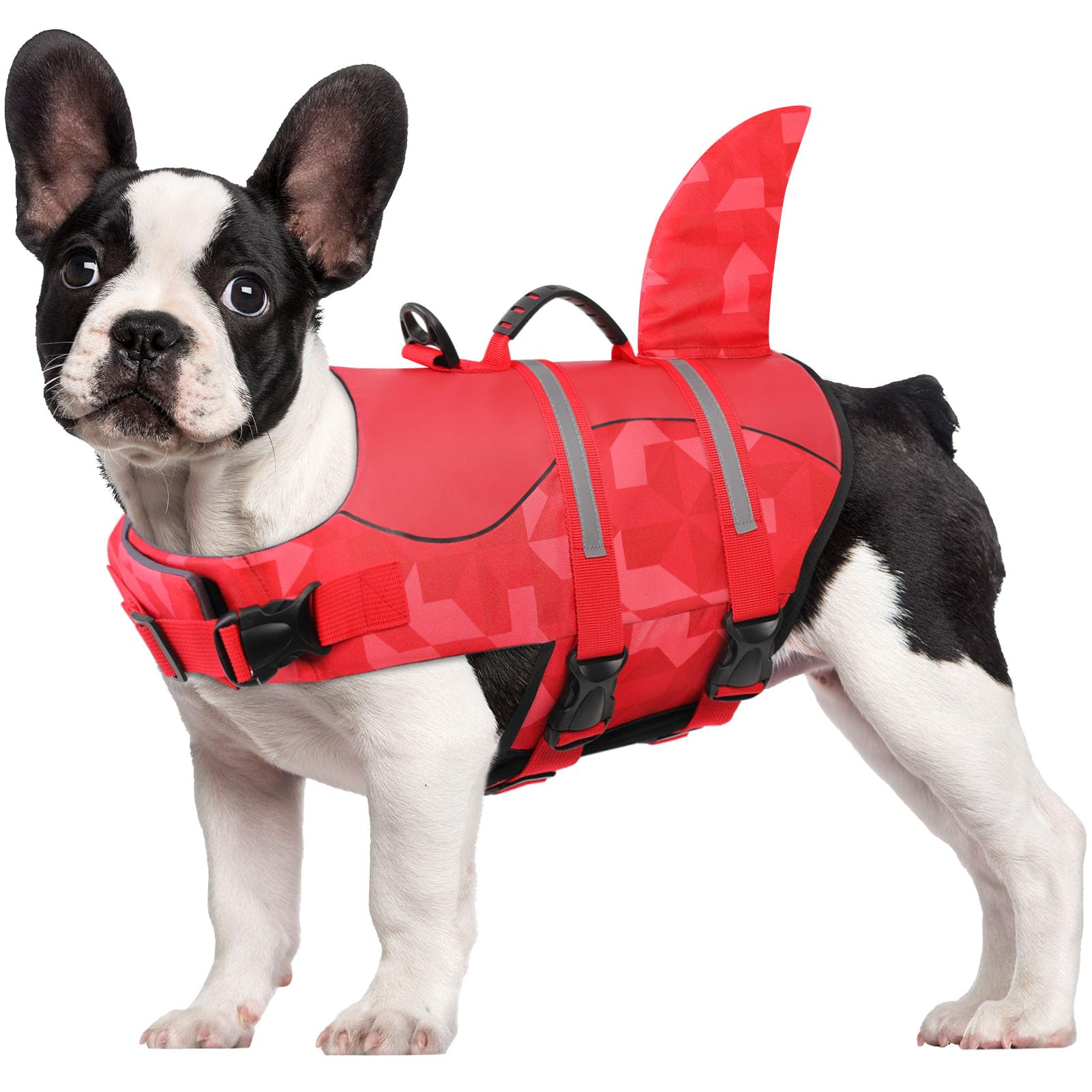 CITÉTOILE Dog Life Jacket Shark Costume, Puppy Safety Vest for Swimming Pool Beach Boating, Training Flotation Vest with Rescue Handle & Reflective Strips for Dogs, Red Green, M