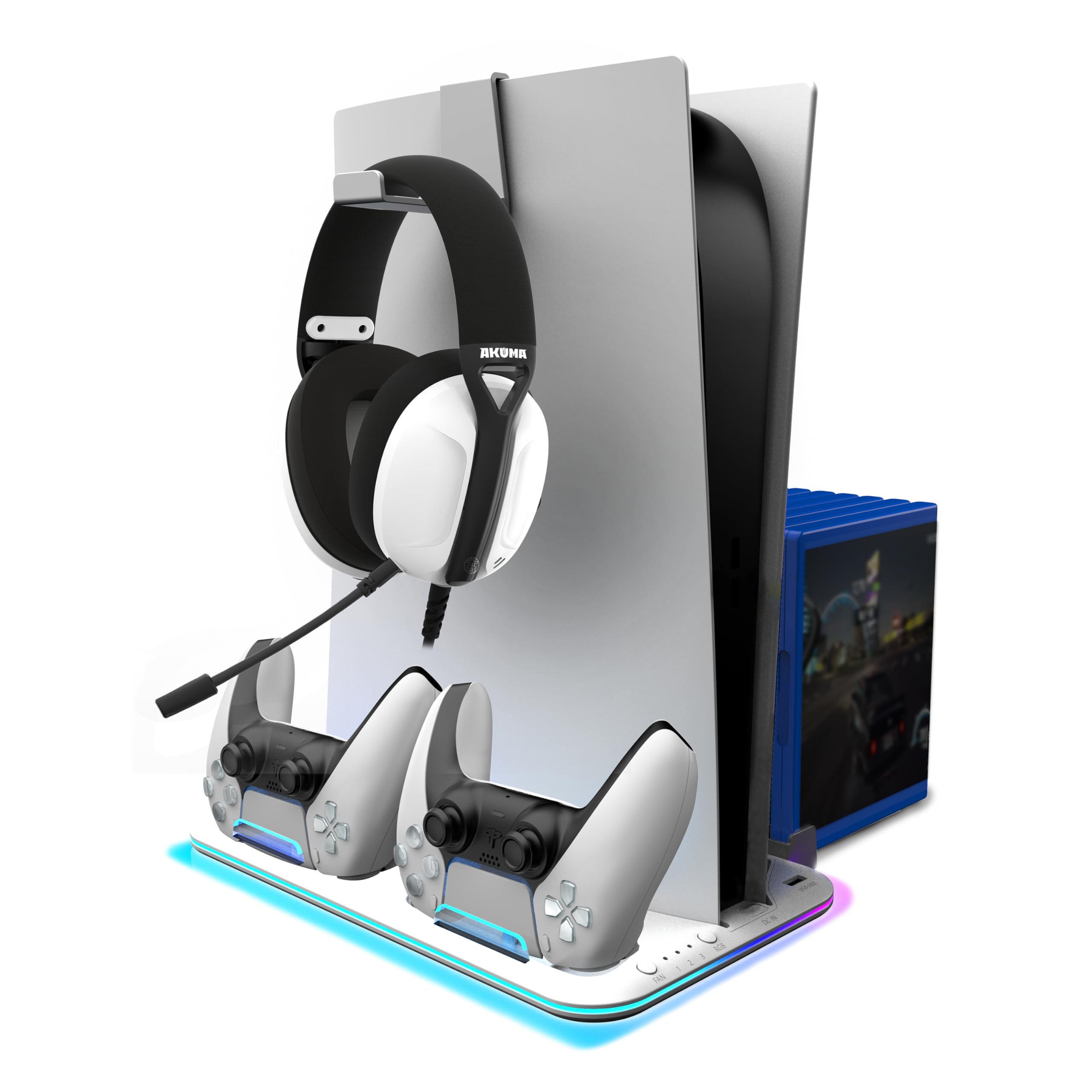 AKUMA Cyber A01 – Support Multifonction PS5/PS5 Slim/PS5 Pro – Ventilateur Turbo 3 Vitesses, Chargeur 2 Manettes, RGB 9 Couleurs, Rangement 15 Jeux, Support Casque, Port USB A