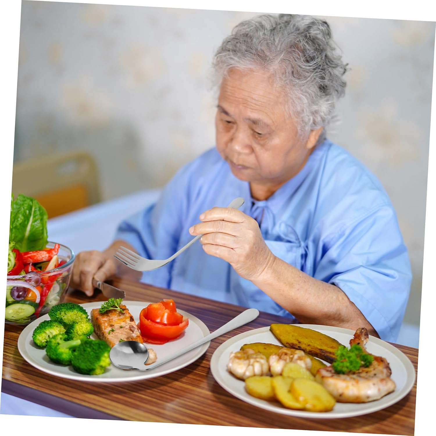 Luxshiny 1 Set Stainless Steel Adaptive Utensil Left Handed Grip Easy Offset Spoon Fork Angled Curved Utensil Self Feeding Cutlery for Adults Elderly
