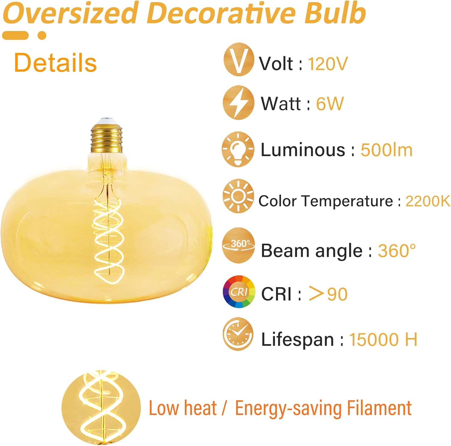 Oversized Decorative LED Light Bulb 6W 500LM E26 Large Fancy Edison Bulbs 60W Incandescent Dimmable 2200k Warm White Pendant Lighting for Bedroom Dining Living Room Bar，1 Pack (PK215AM)