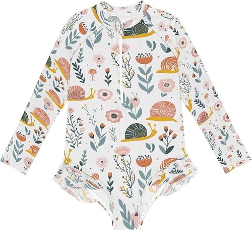Snails on Flower Girls Long Sleeve Swimsuits One Piece Zipper Bathing Suit UPF 50+ Rashguard Swimwear