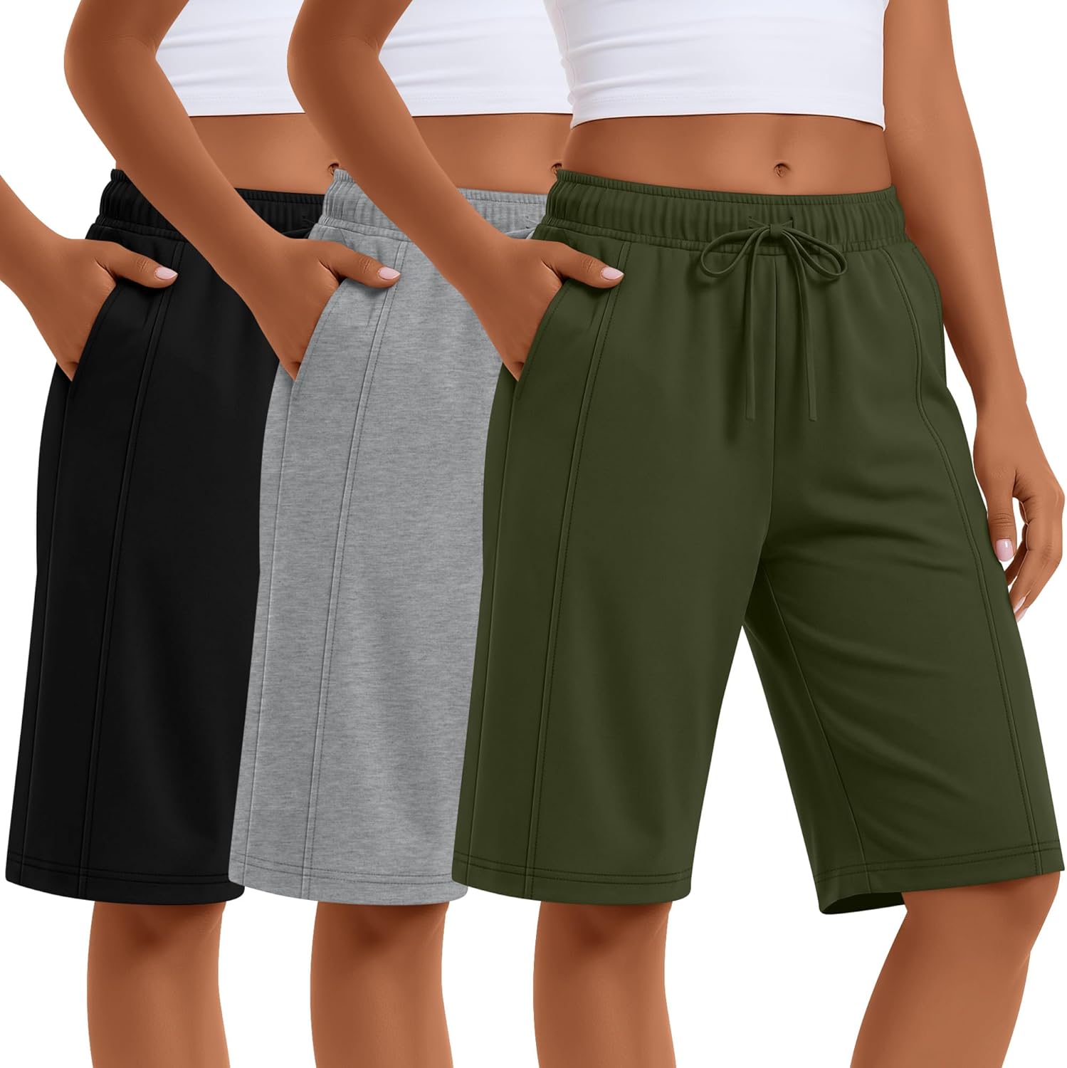 3 Pack Women's Bermuda Shorts Knee Length Lightweight Elastic Drawstring Casual Lounge Yoga Pants with Pockets