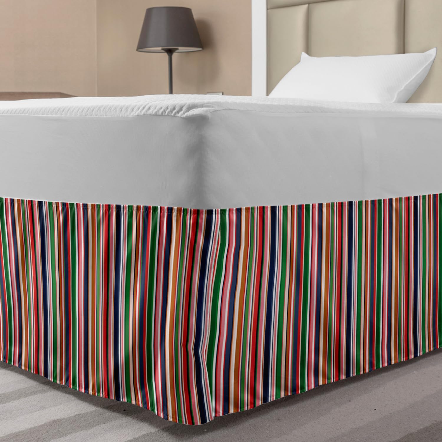 Lunarable Striped Elastic Bed Skirt Retro Stripe Pattern with Vibrant Colors Vertical Lines Retro Abstract Design Wrap Around