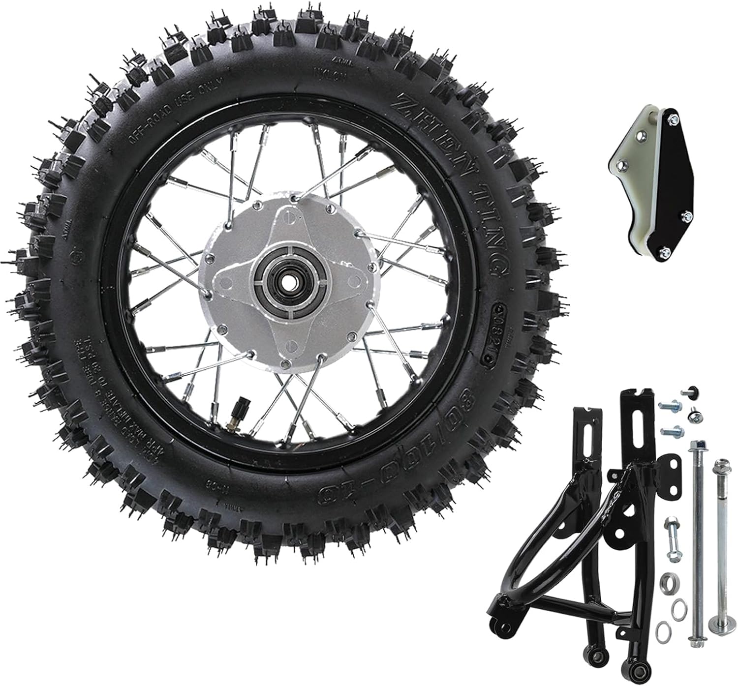 80/100-10 Rear Dirt Bike Wheel with Drum Brake, Triangle Swing Arm & Chain Guard for Pit Trail Mini Bikes, 50cc-125cc Offroad Motorcycles