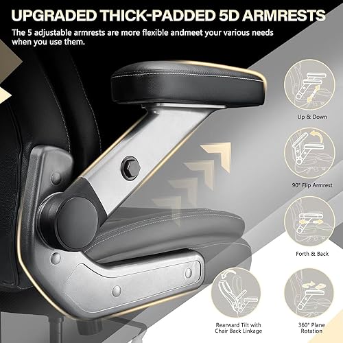 Miniatura 4 de Silla de oficina grande y alta de 650 libras con brazos abatibles 5D y cojín de resorte de bolsillo grueso, silla de oficina extra ancha y