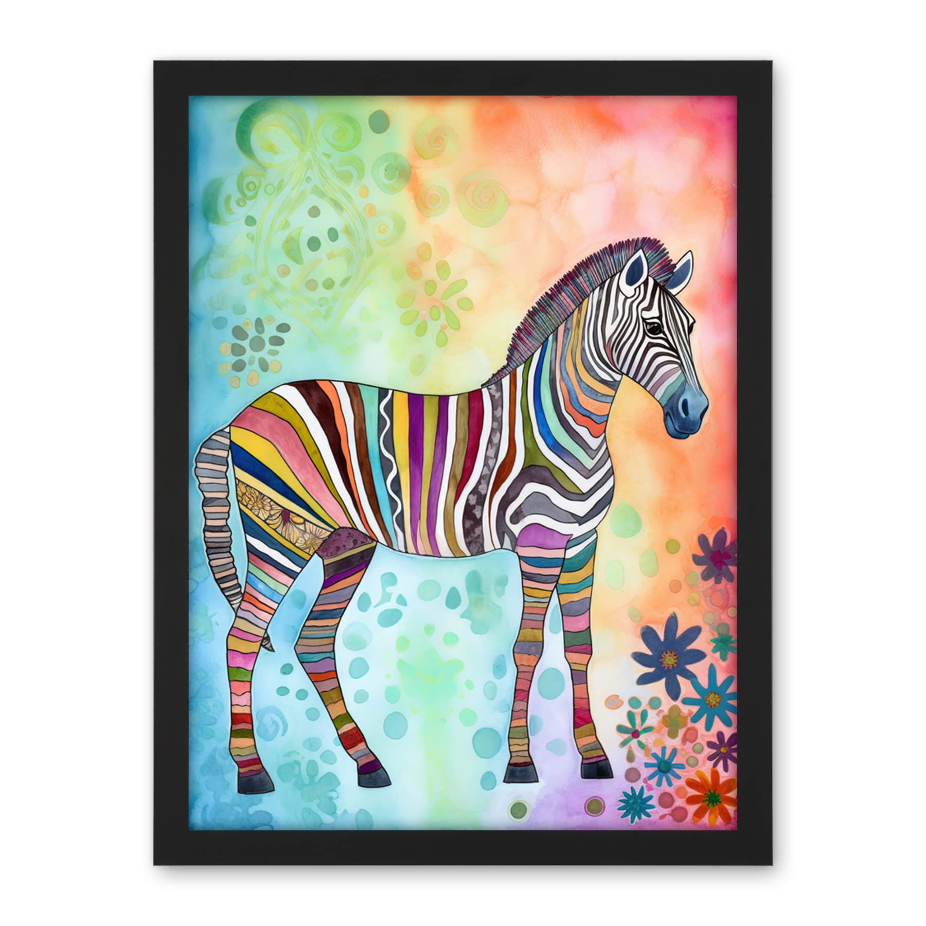 Artery8 Rainbow Floral Zebra Folk Art Artwork Framed Wall Art Print 18X24 Inch
