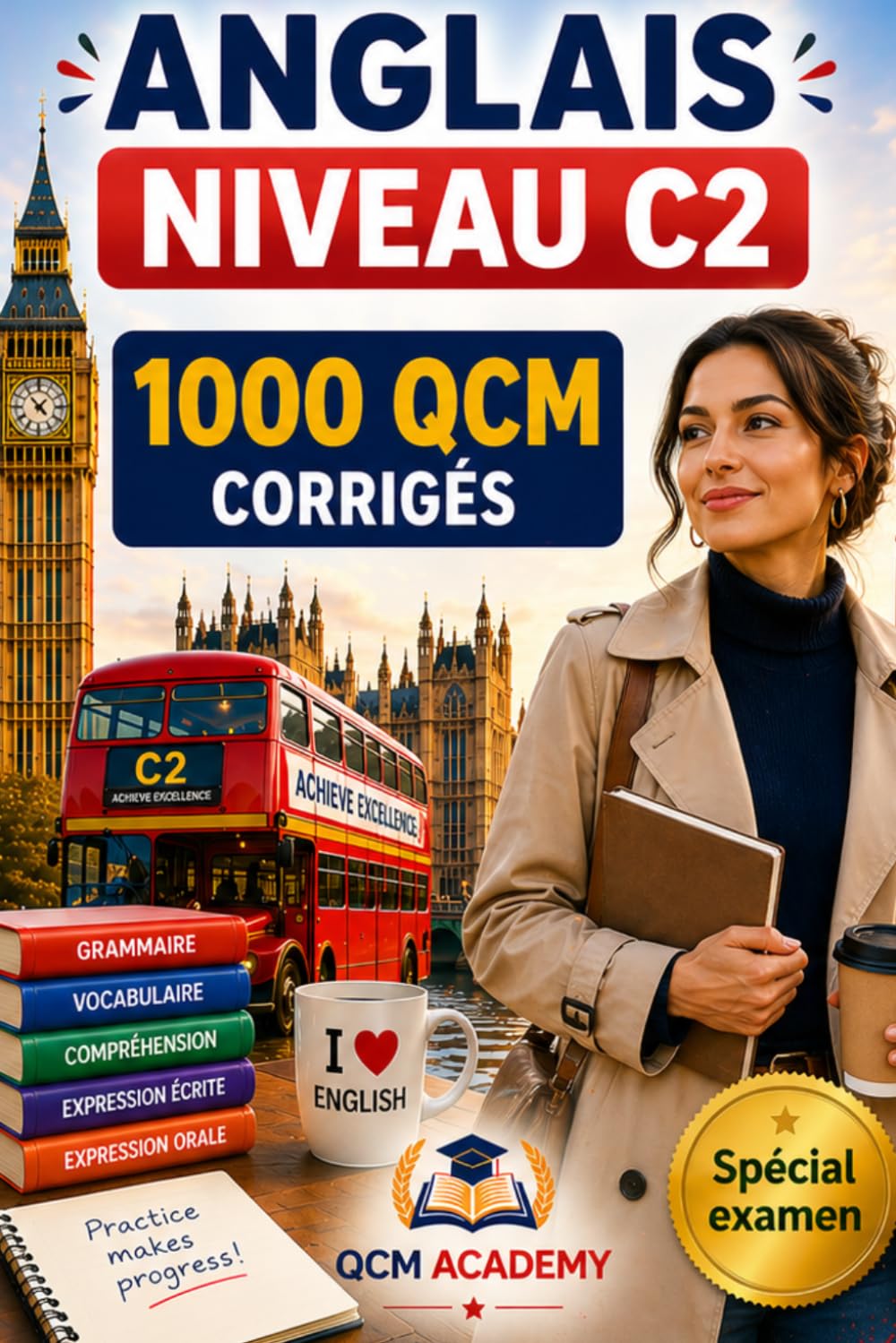 Anglais Niveau C2: 1 000 QCM corrigés | Cahier d'entraînement pour atteindre la maîtrise quasi-native de l'anglais | Vocabulaire, grammaire, conjugaison, orthographe | CECRL