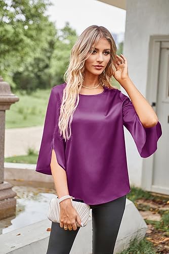 Miniatura 5 de Women Casual Scoop Neck Loose Top 34 Sleeve Satin Chiffon Blouse Tops